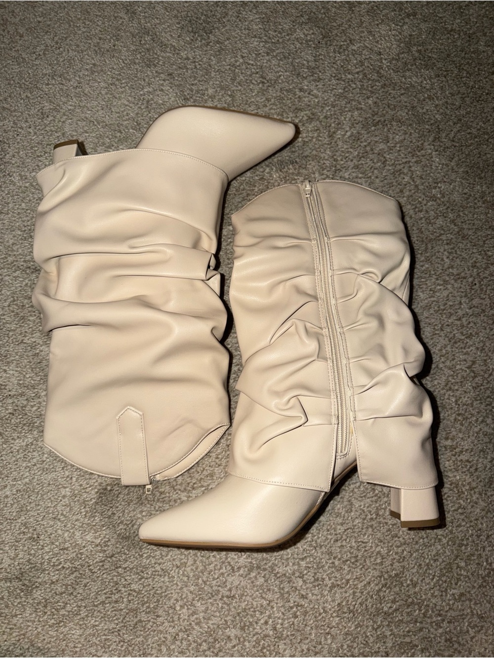 BAMBOO Cream Slouchy Knee-High Pointed Toe Heel Boots